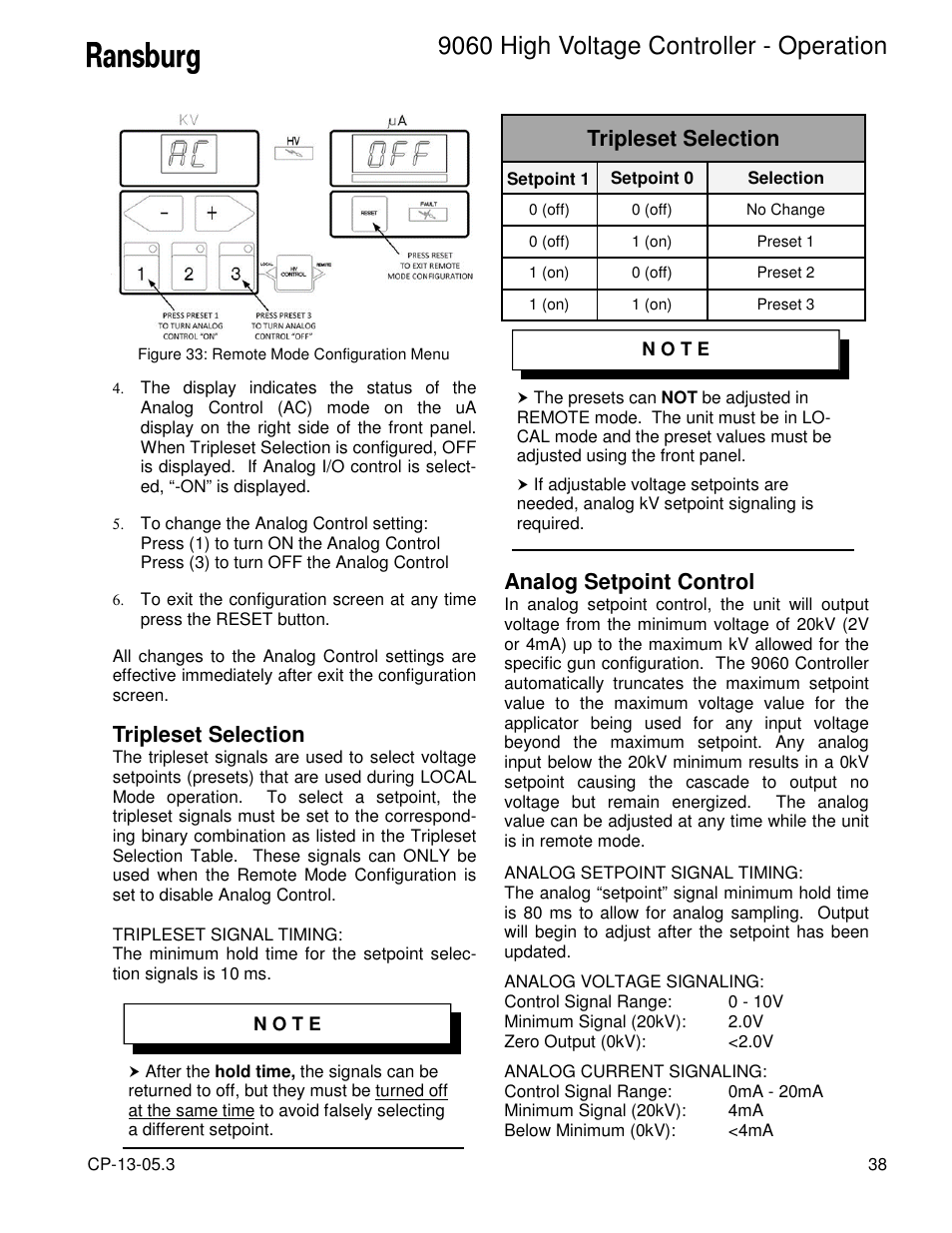 9060 high voltage controller - operation, Tripleset selection, Analog setpoint control | Ransburg 9060 HV Controller 80100-XXX User Manual | Page 43 / 60