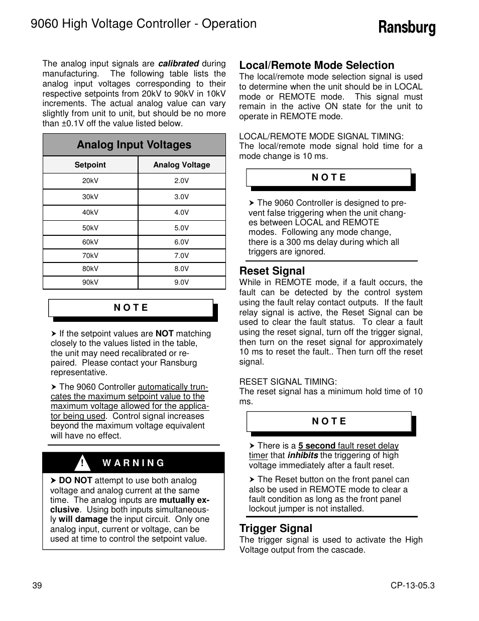 9060 high voltage controller - operation, Local/remote mode selection, Analog input voltages | Reset signal, Trigger signal | Ransburg 9060 HV Controller 80100-XXX User Manual | Page 44 / 60