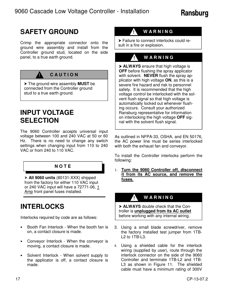 Safety ground, Input voltage selection, Interlocks | 9060 cascade low voltage controller - installation | Ransburg 9060 LV Cascade Controller 80131-XXX User Manual | Page 22 / 41