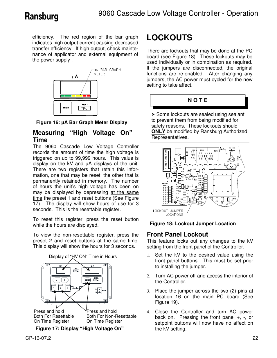 Lockouts, 9060 cascade low voltage controller - operation, Measuring “high voltage on” time | Front panel lockout | Ransburg 9060 LV Cascade Controller 80131-XXX User Manual | Page 27 / 41