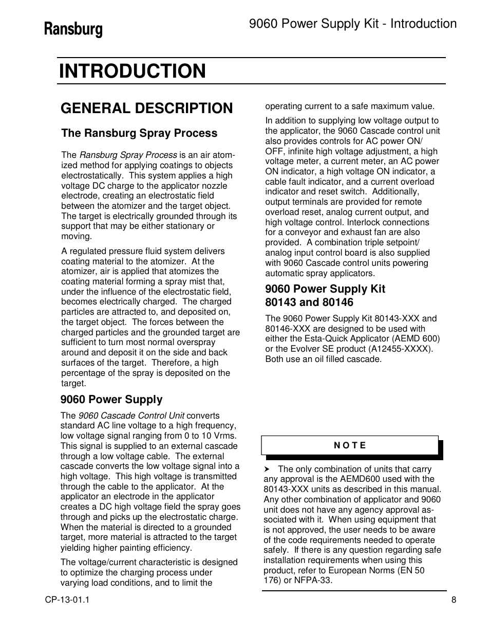 Introduction, General description, 9060 power supply kit - introduction | Ransburg 9060 Power Supply Kit 80104 Ext. Cascade (AEMD600) User Manual | Page 11 / 26