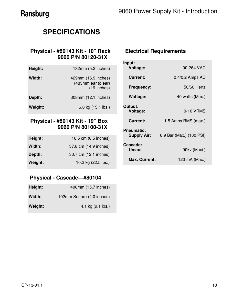 Specifications, 9060 power supply kit - introduction | Ransburg 9060 Power Supply Kit 80104 Ext. Cascade (AEMD600) User Manual | Page 13 / 26