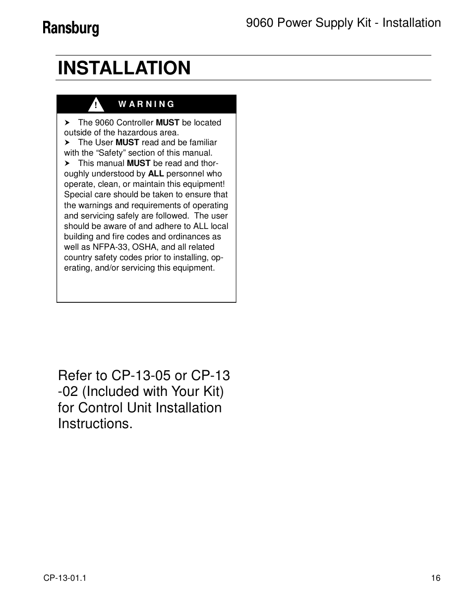 Installation, 9060 power supply kit - installation | Ransburg 9060 Power Supply Kit 80104 Ext. Cascade (AEMD600) User Manual | Page 19 / 26