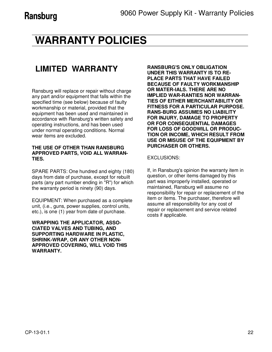Warranty policies, Limited warranty, 9060 power supply kit - warranty policies | Ransburg 9060 Power Supply Kit 80104 Ext. Cascade (AEMD600) User Manual | Page 25 / 26