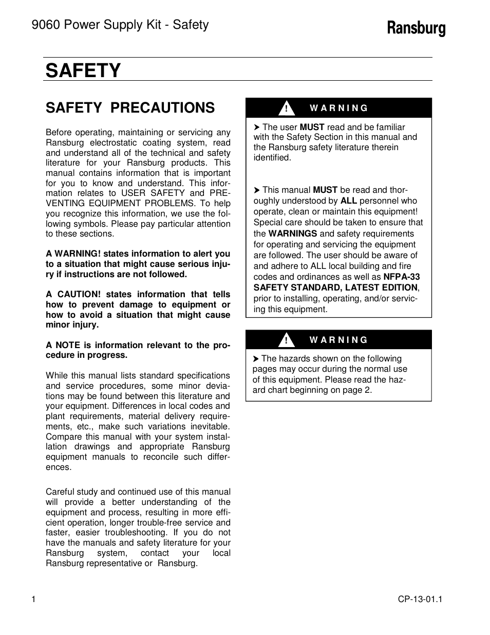 Safety, Safety precautions, 9060 power supply kit - safety | Ransburg 9060 Power Supply Kit 80104 Ext. Cascade (AEMD600) User Manual | Page 4 / 26