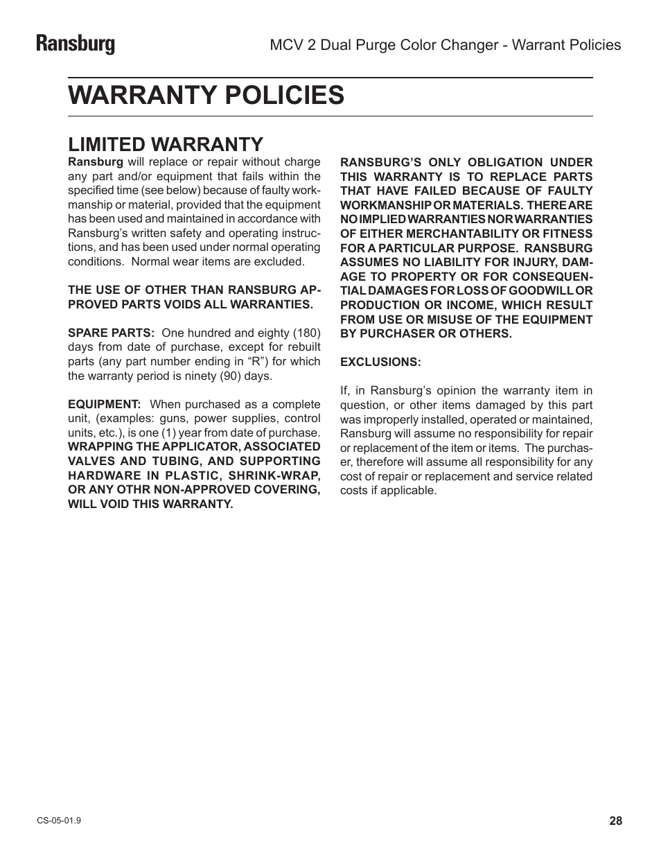 Warranty policies, Ransburg, Limited warranty | Ransburg MCV2 Dual Purge Color Changer A10986-XX_A10993-XX User Manual | Page 31 / 33