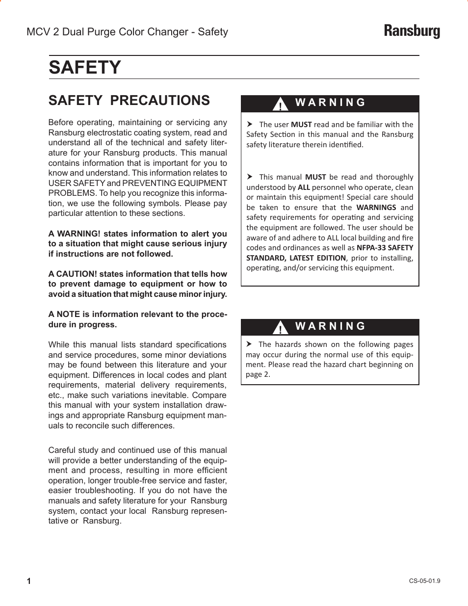 Safety, Ransburg, Safety precautions | Ransburg MCV2 Dual Purge Color Changer A10986-XX_A10993-XX User Manual | Page 4 / 33