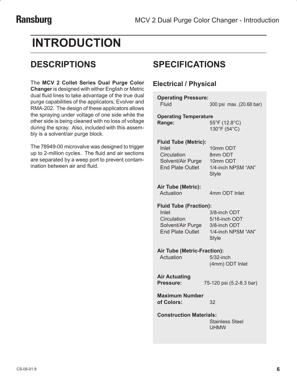 Introduction, Ransburg, Descriptions | Specifications | Ransburg MCV2 Dual Purge Color Changer A10986-XX_A10993-XX User Manual | Page 9 / 33