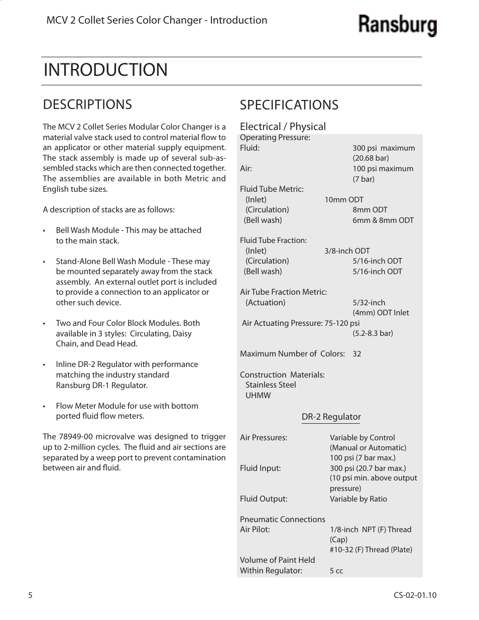 Introduction, Descriptions, Specifications | Mcv 2 collet series color changer - introduction, Electrical / physical | Ransburg MCV2 Modular Color Changer A10800-XX_A11077-XX User Manual | Page 10 / 66