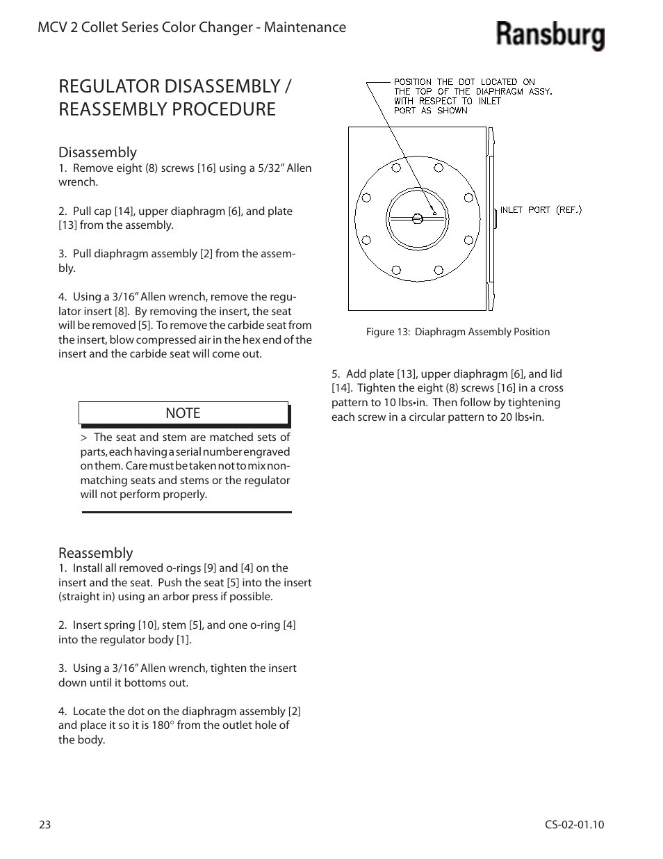 Regulator disassembly / reassembly procedure | Ransburg MCV2 Modular Color Changer A10800-XX_A11077-XX User Manual | Page 28 / 66