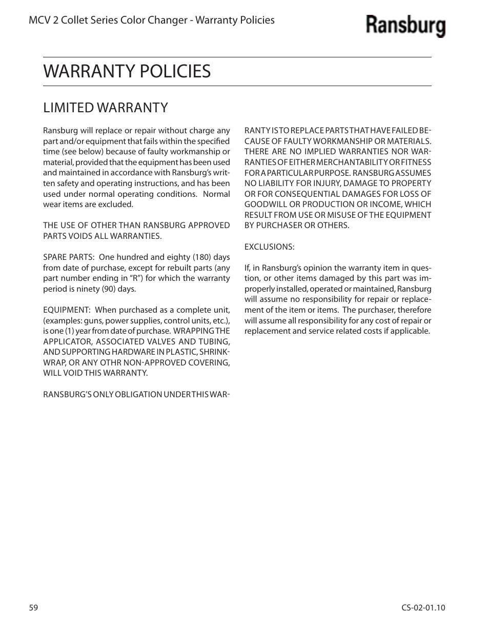 Warranty policies, Limited warranty | Ransburg MCV2 Modular Color Changer A10800-XX_A11077-XX User Manual | Page 64 / 66