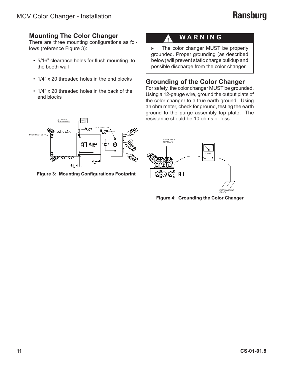 Ransburg, Mounting the color changer, Grounding of the color changer | Mcv color changer - installation | Ransburg MCV Series Module Color Changer 78011-XX User Manual | Page 14 / 37