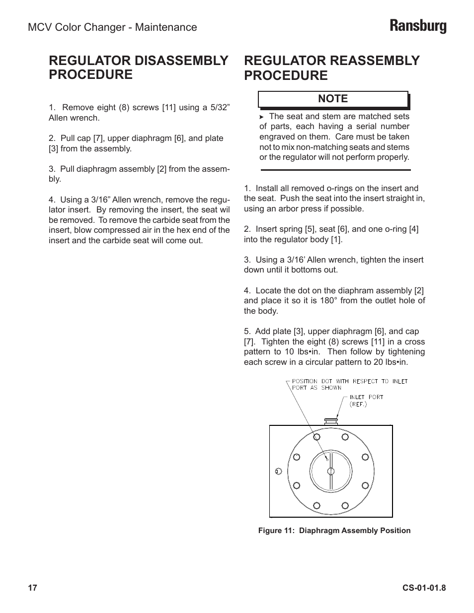 Ransburg, Regulator disassembly procedure, Regulator reassembly procedure | Ransburg MCV Series Module Color Changer 78011-XX User Manual | Page 20 / 37