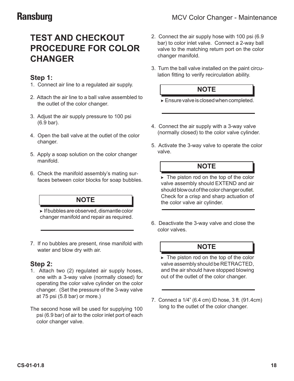 Ransburg, Test and checkout procedure for color changer | Ransburg MCV Series Module Color Changer 78011-XX User Manual | Page 21 / 37