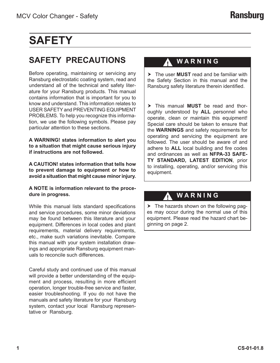 Safety, Ransburg, Safety precautions | Ransburg MCV Series Module Color Changer 78011-XX User Manual | Page 4 / 37