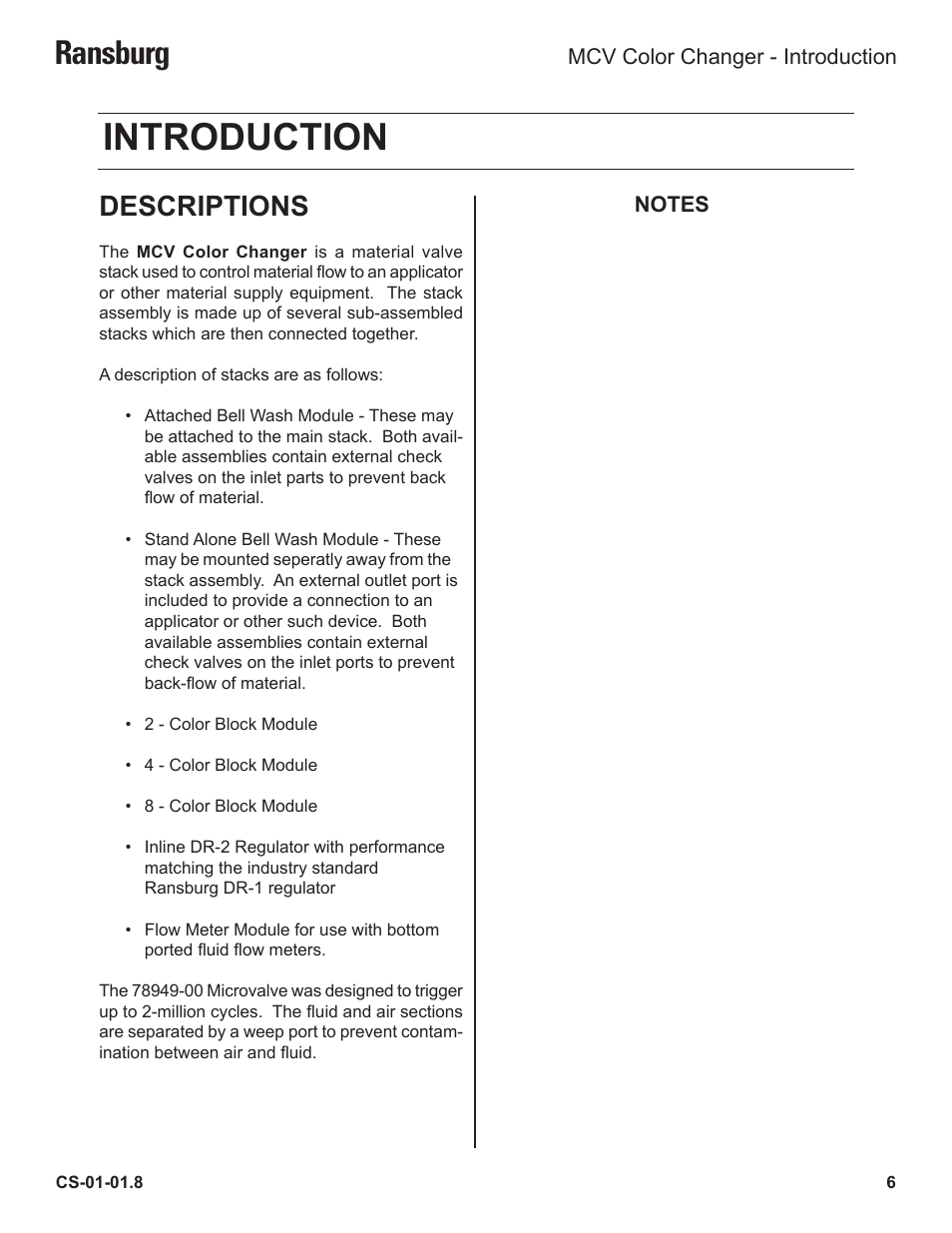 Introduction, Ransburg, Descriptions | Ransburg MCV Series Module Color Changer 78011-XX User Manual | Page 9 / 37