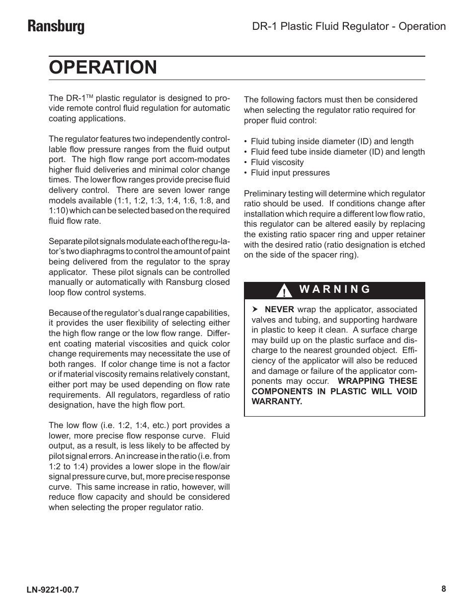 Operation, Ransburg, Dr-1 plastic fluid regulator - operation | Ransburg DR-1 Plastic Fluid Regulator LREG5001 User Manual | Page 11 / 22