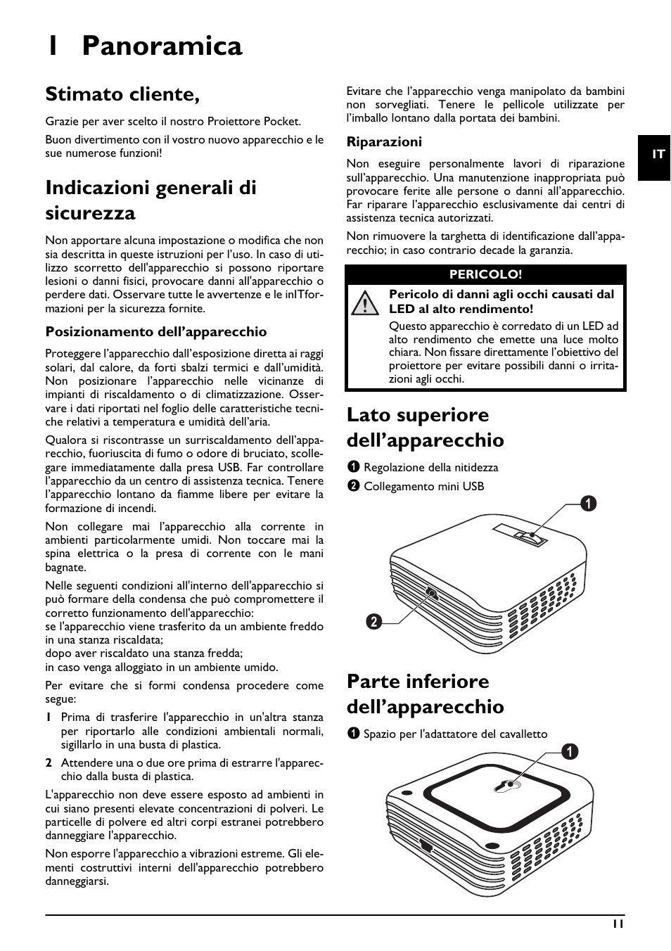 1 panoramica, Stimato cliente, Indicazioni generali di sicurezza | Lato superiore dell’apparecchio, Parte inferiore dell’apparecchio | Philips PPX2055 User Manual | Page 11 / 60