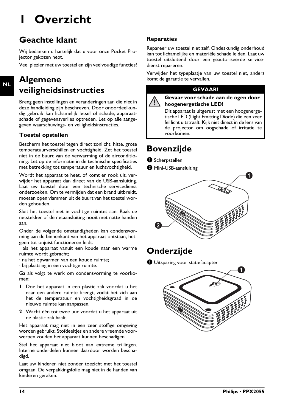 1 overzicht, Geachte klant, Algemene veiligheidsinstructies | Bovenzijde, Onderzijde | Philips PPX2055 User Manual | Page 14 / 60