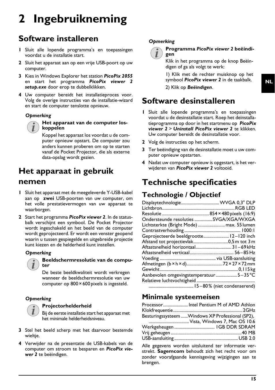 2 ingebruikneming, Software installeren, Het apparaat in gebruik nemen | Software desinstalleren, Technische specificaties, Technologie / objectief, Minimale systeemeisen | Philips PPX2055 User Manual | Page 15 / 60