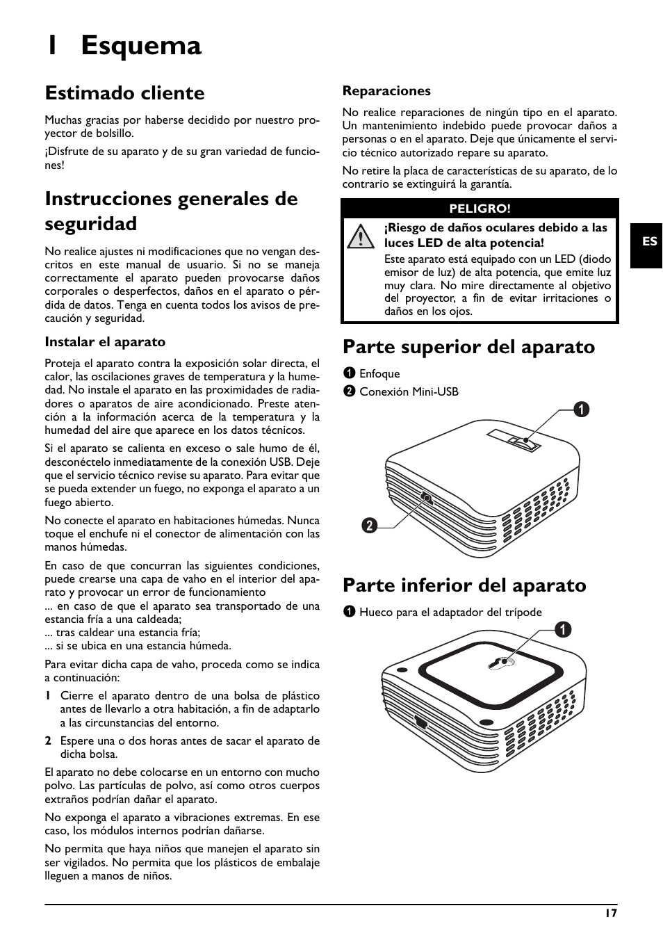 1 esquema, Estimado cliente, Instrucciones generales de seguridad | Parte superior del aparato, Parte inferior del aparato | Philips PPX2055 User Manual | Page 17 / 60