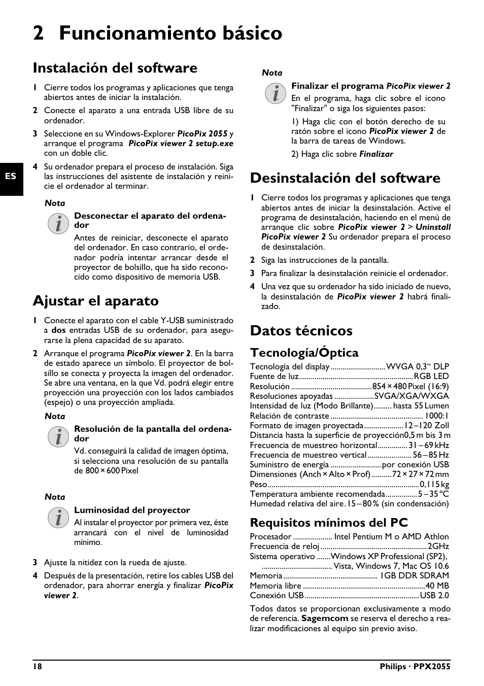 2 funcionamiento básico, Instalación del software, Ajustar el aparato | Desinstalación del software, Datos técnicos, Tecnología/óptica, Requisitos mínimos del pc | Philips PPX2055 User Manual | Page 18 / 60