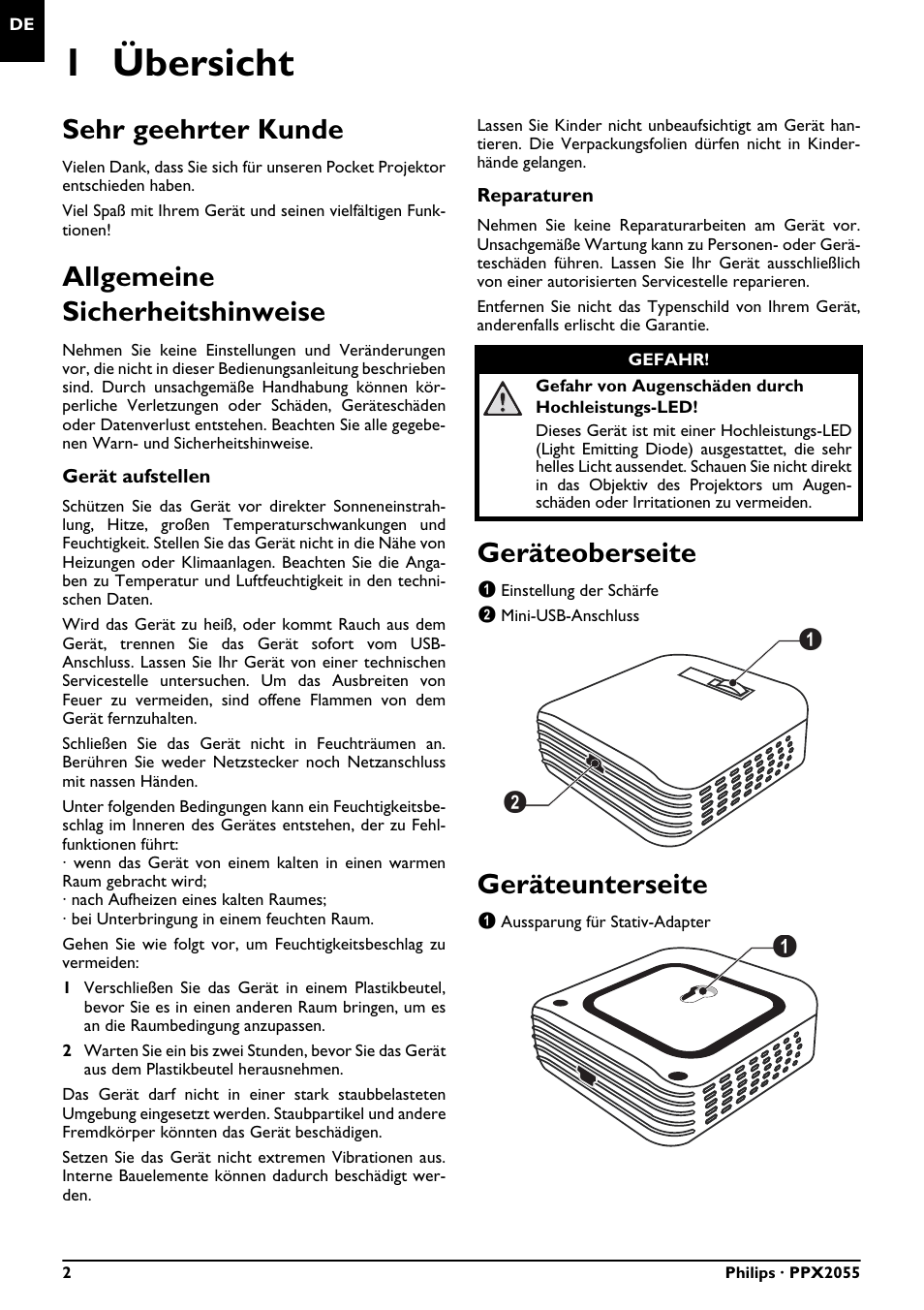 1 übersicht, Sehr geehrter kunde, Allgemeine sicherheitshinweise | Geräteoberseite, Geräteunterseite | Philips PPX2055 User Manual | Page 2 / 60