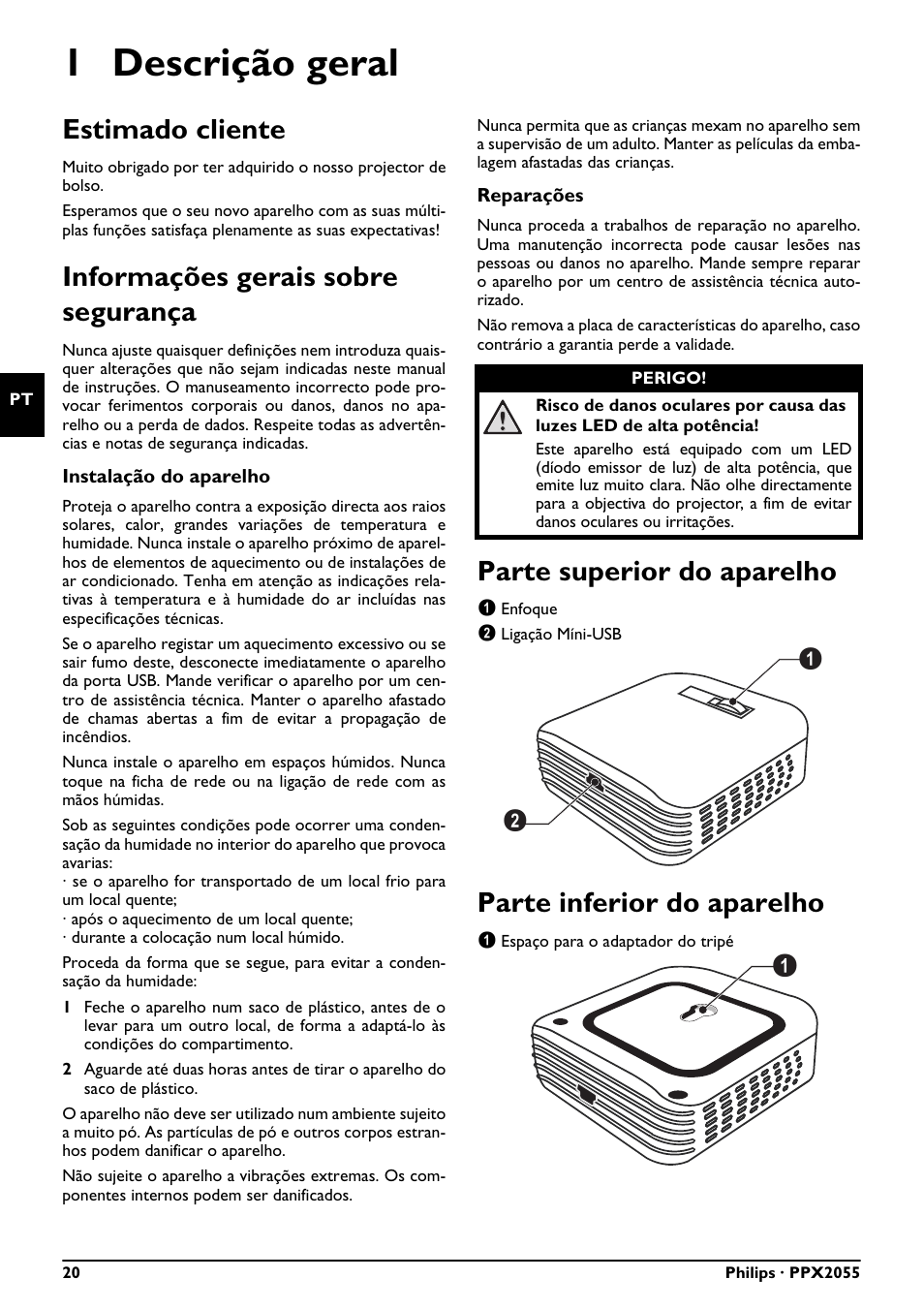 1 descrição geral, Estimado cliente, Informações gerais sobre segurança | Parte superior do aparelho, Parte inferior do aparelho | Philips PPX2055 User Manual | Page 20 / 60