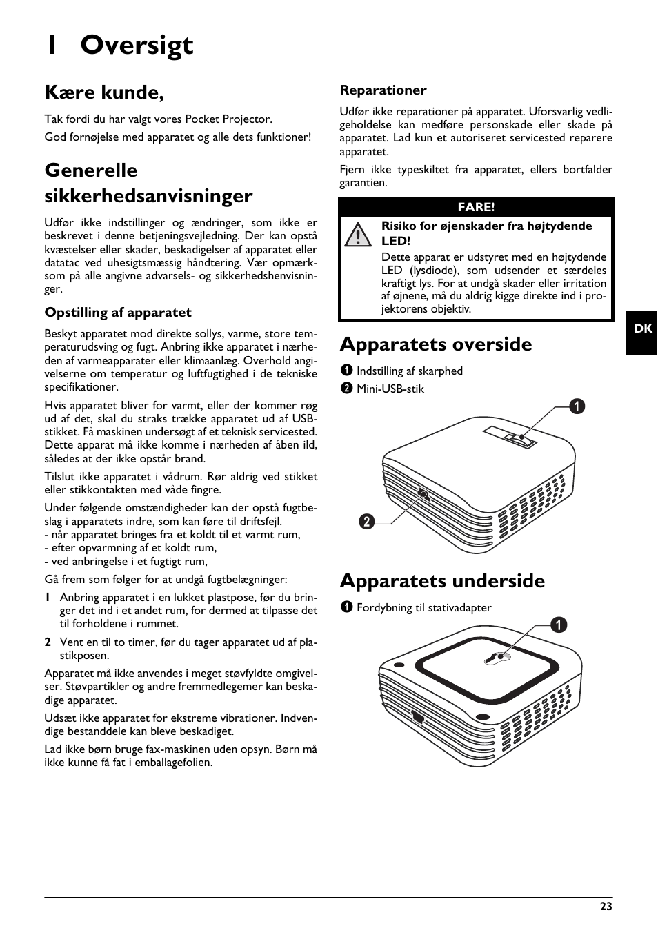 1 oversigt, Kære kunde, Generelle sikkerhedsanvisninger | Apparatets overside, Apparatets underside | Philips PPX2055 User Manual | Page 23 / 60