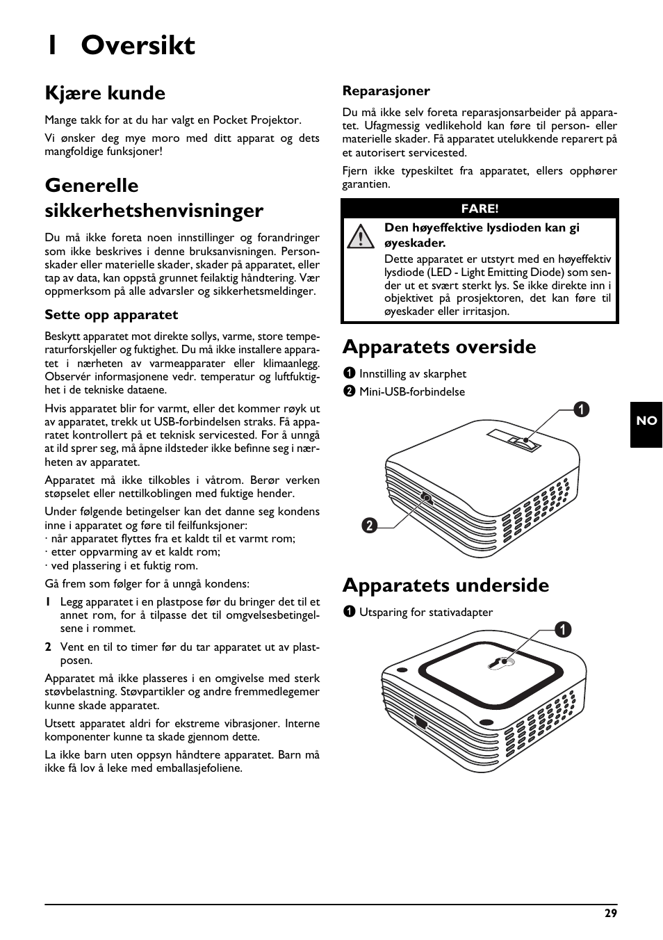 1 oversikt, Kjære kunde, Generelle sikkerhetshenvisninger | Apparatets overside, Apparatets underside | Philips PPX2055 User Manual | Page 29 / 60
