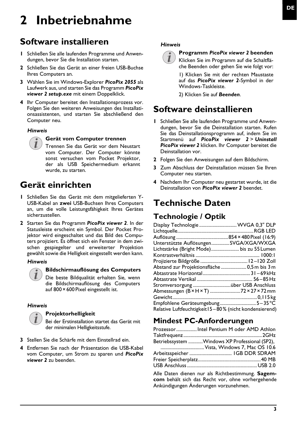 2 inbetriebnahme, Software installieren, Gerät einrichten | Software deinstallieren, Technische daten, Technologie / optik, Mindest pc-anforderungen | Philips PPX2055 User Manual | Page 3 / 60