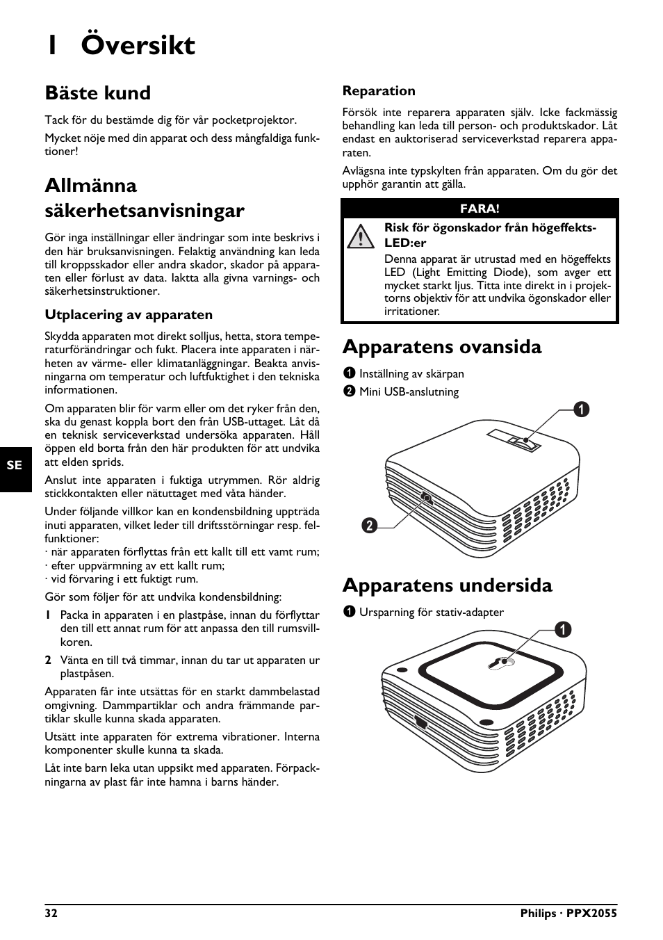 1 översikt, Bäste kund, Allmänna säkerhetsanvisningar | Apparatens ovansida, Apparatens undersida | Philips PPX2055 User Manual | Page 32 / 60