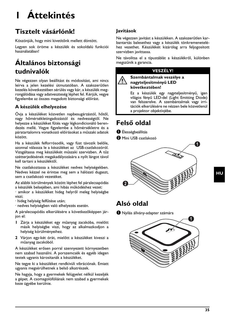 1 áttekintés, Tisztelt vásárlónk, Általános biztonsági tudnivalók | Felső oldal, Alsó oldal | Philips PPX2055 User Manual | Page 35 / 60