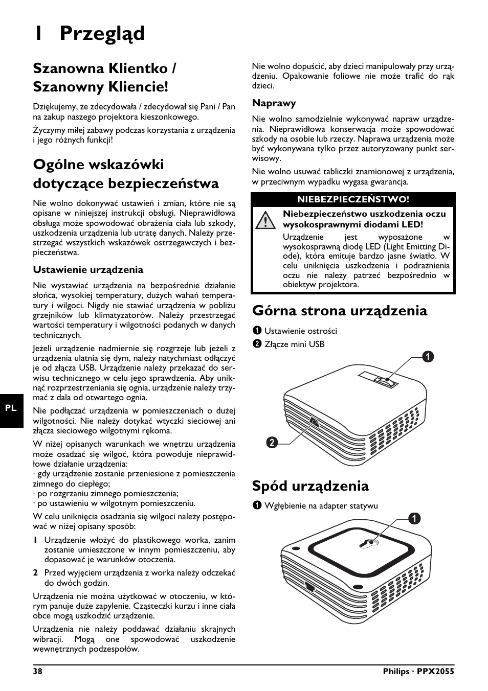 1 przegląd, Szanowna klientko / szanowny kliencie, Ogólne wskazówki dotyczące bezpieczeństwa | Górna strona urządzenia, Spód urządzenia | Philips PPX2055 User Manual | Page 38 / 60