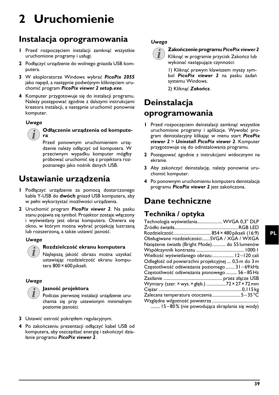 2 uruchomienie, Instalacja oprogramowania, Ustawianie urządzenia | Deinstalacja oprogramowania, Dane techniczne, Technika / optyka | Philips PPX2055 User Manual | Page 39 / 60