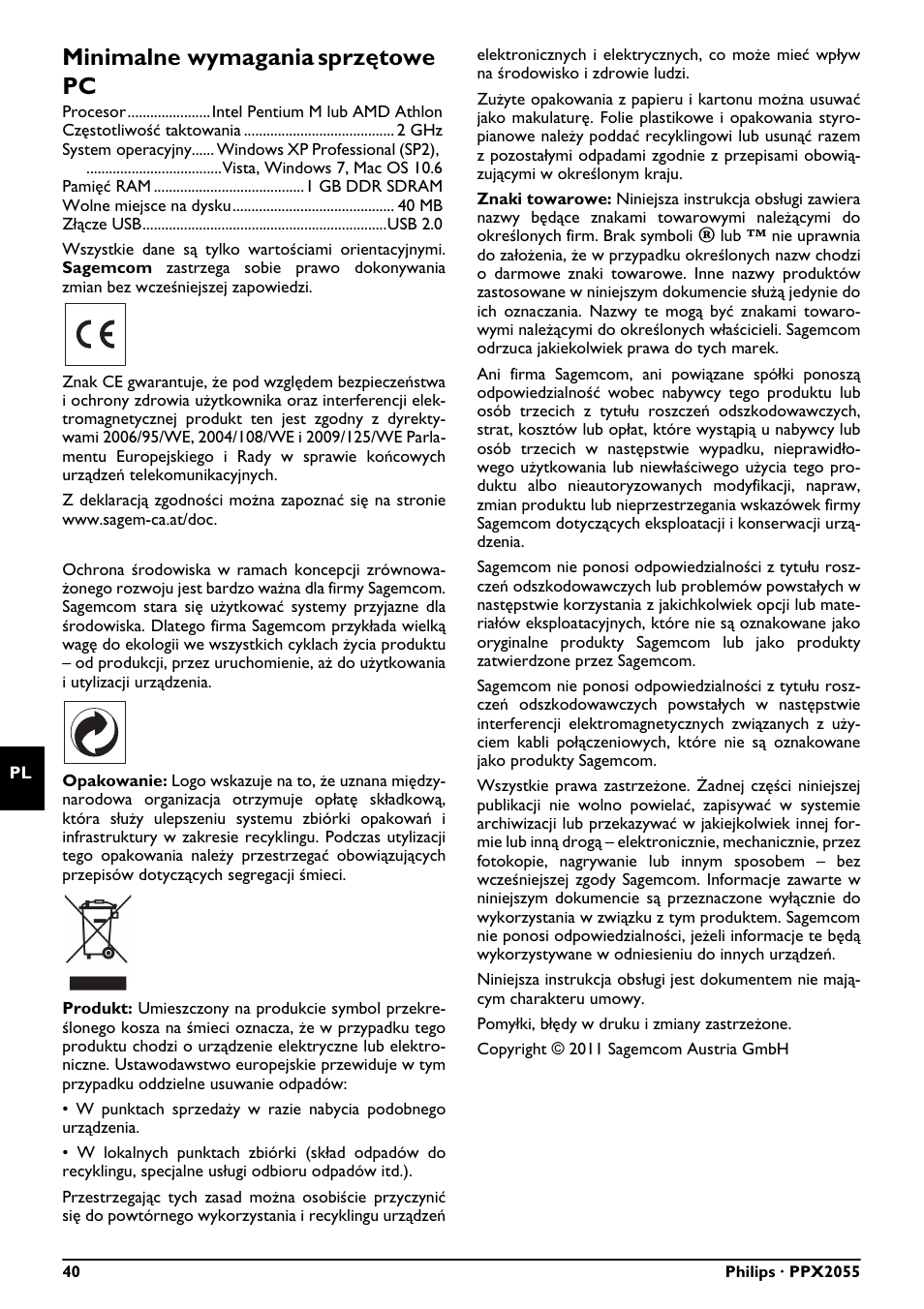 Minimalne wymagania sprzętowe pc | Philips PPX2055 User Manual | Page 40 / 60