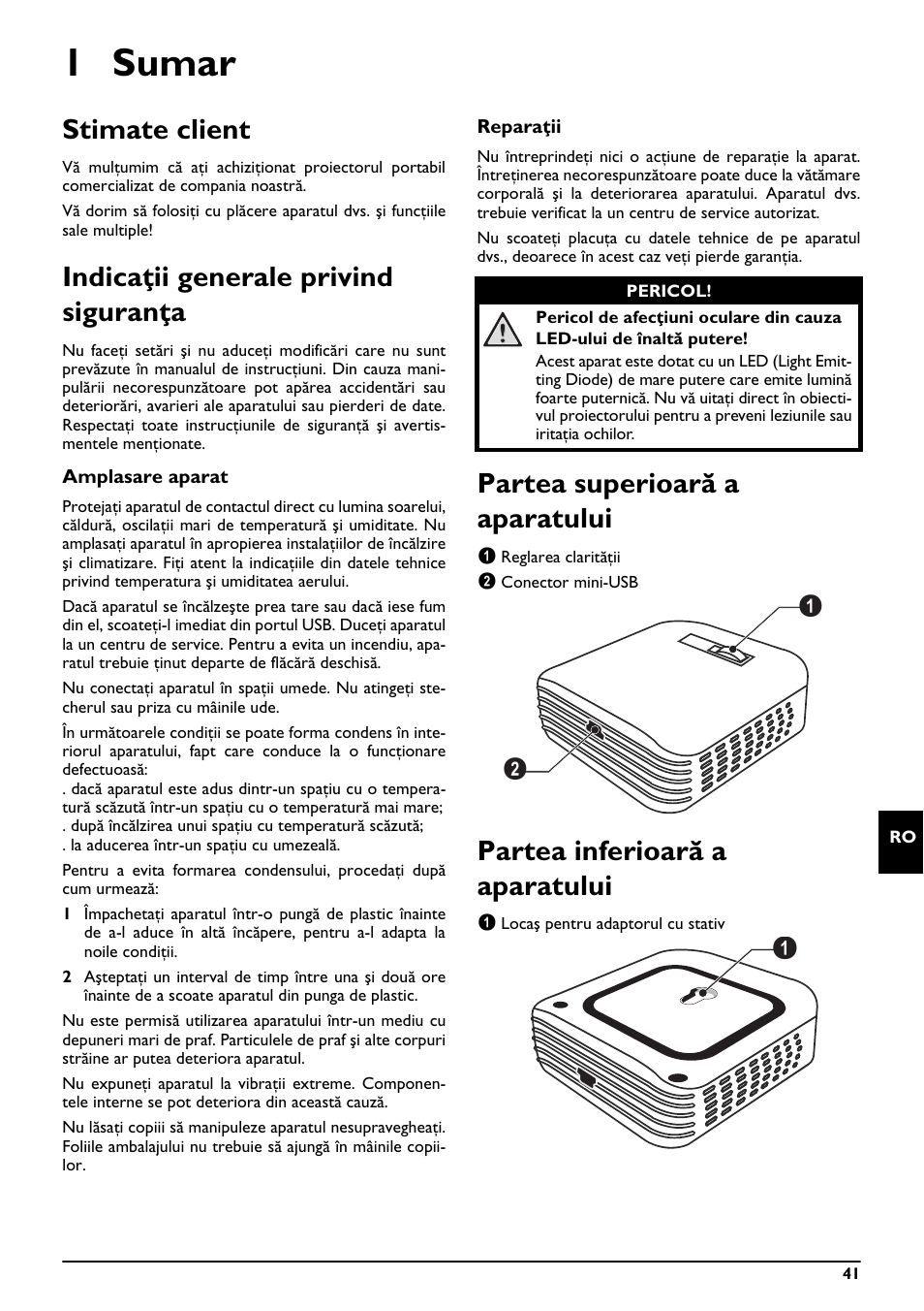 1 sumar, Stimate client, Indicaţii generale privind siguranţa | Partea superioară a aparatului, Partea inferioară a aparatului | Philips PPX2055 User Manual | Page 41 / 60