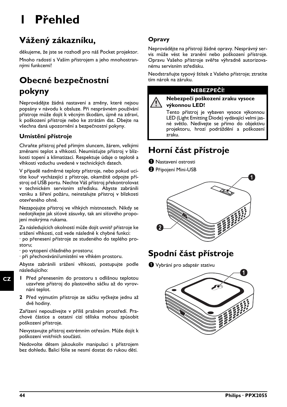 1 přehled, Vážený zákazníku, Obecné bezpečnostní pokyny | Horní část přístroje, Spodní část přístroje | Philips PPX2055 User Manual | Page 44 / 60