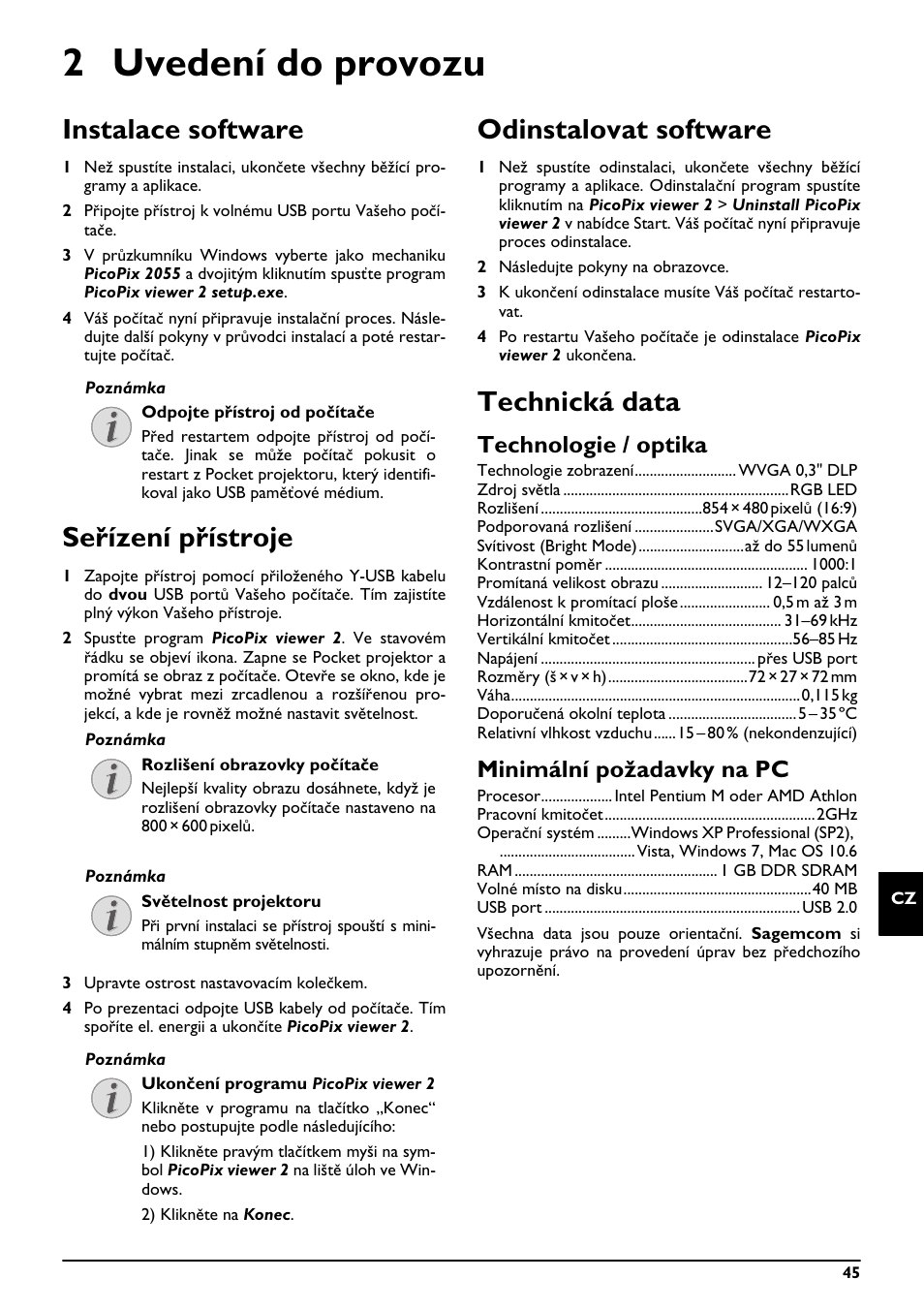 2 uvedení do provozu, Instalace software, Seřízení přístroje | Odinstalovat software, Technická data, Technologie / optika, Minimální požadavky na pc | Philips PPX2055 User Manual | Page 45 / 60