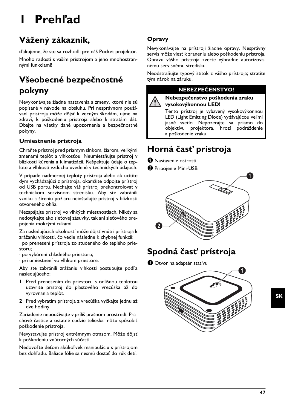 1 prehľad, Vážený zákazník, Všeobecné bezpečnostné pokyny | Horná časť prístroja, Spodná časť prístroja | Philips PPX2055 User Manual | Page 47 / 60