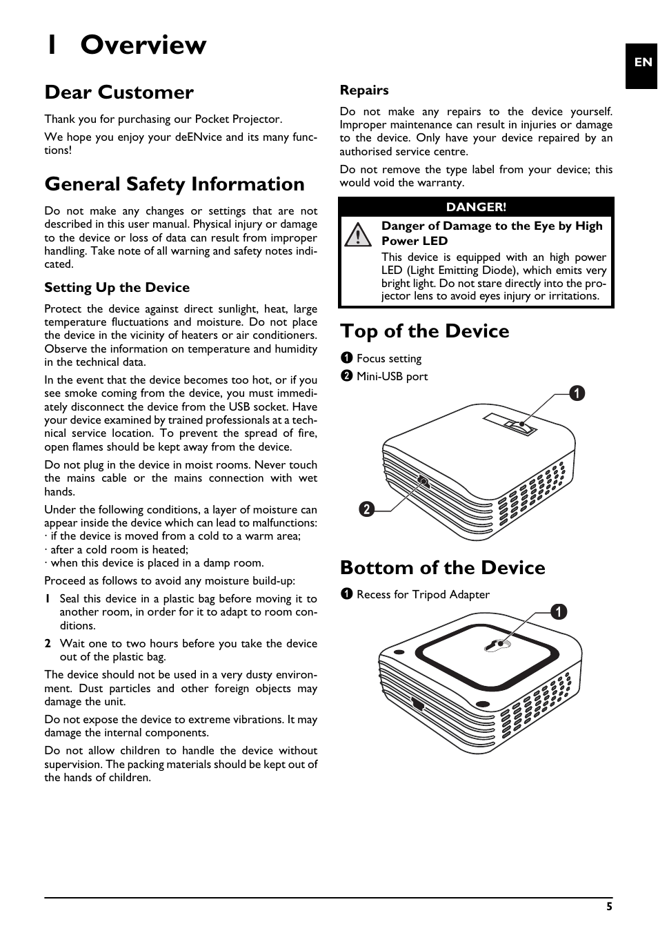 1 overview, Dear customer, General safety information | Top of the device, Bottom of the device | Philips PPX2055 User Manual | Page 5 / 60