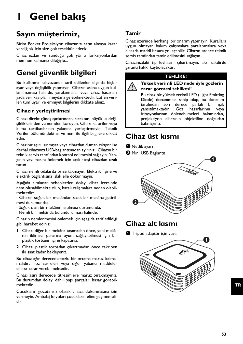 1 genel bakış, Sayın müşterimiz, Genel güvenlik bilgileri | Cihaz üst kısmı, Cihaz alt kısmı | Philips PPX2055 User Manual | Page 53 / 60