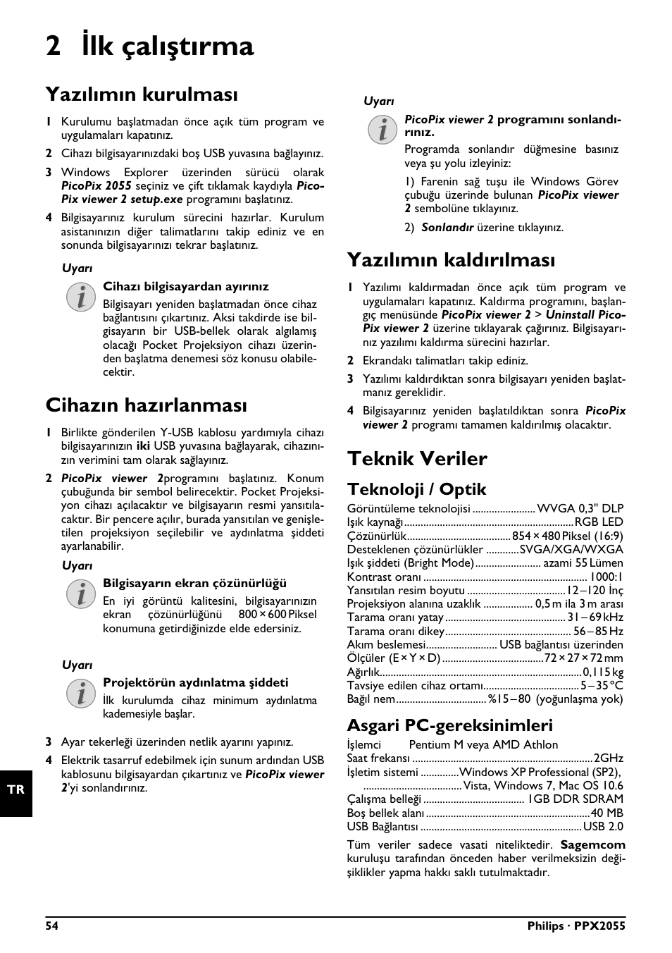 2 ilk çalıştırma, Yazılımın kurulması, Cihazın hazırlanması | Yazılımın kaldırılması, Teknik veriler, Teknoloji / optik, Asgari pc-gereksinimleri | Philips PPX2055 User Manual | Page 54 / 60