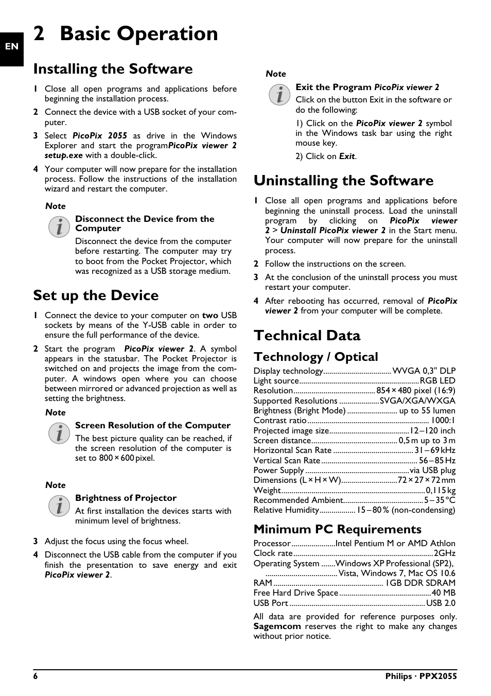 2 basic operation, Installing the software, Set up the device | Uninstalling the software, Technical data, Technology / optical, Minimum pc requirements | Philips PPX2055 User Manual | Page 6 / 60