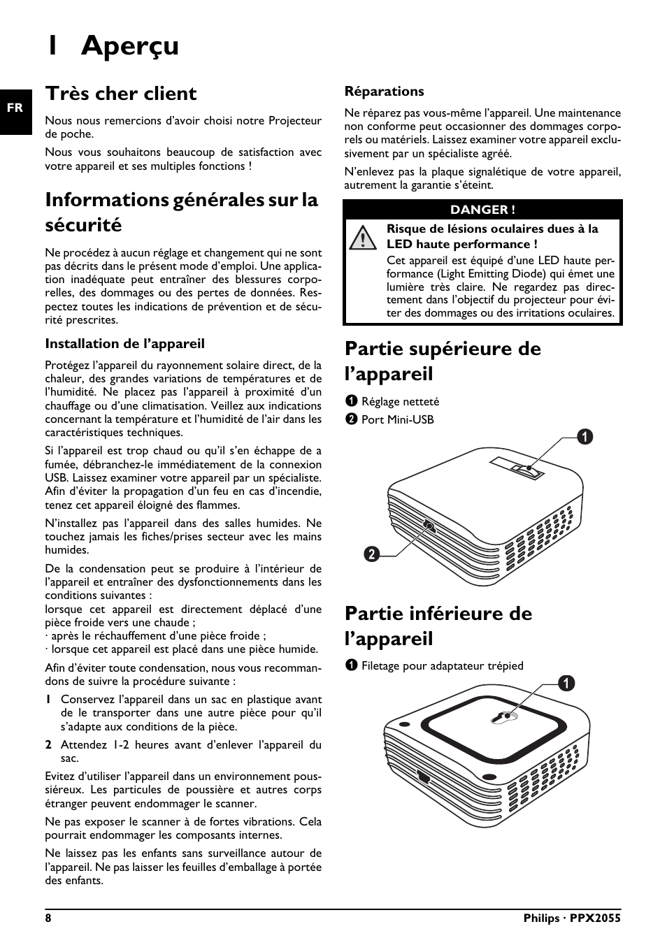 1 aperçu, Très cher client, Informations générales sur la sécurité | Partie supérieure de l’appareil, Partie inférieure de l’appareil | Philips PPX2055 User Manual | Page 8 / 60