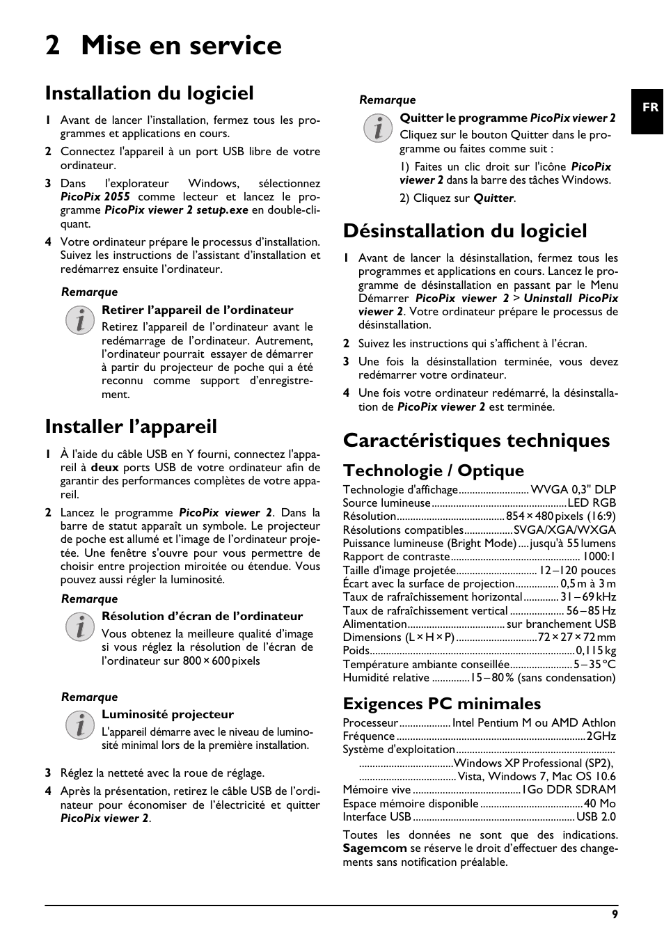 2 mise en service, Installation du logiciel, Installer l’appareil | Désinstallation du logiciel, Caractéristiques techniques, Technologie / optique, Exigences pc minimales | Philips PPX2055 User Manual | Page 9 / 60