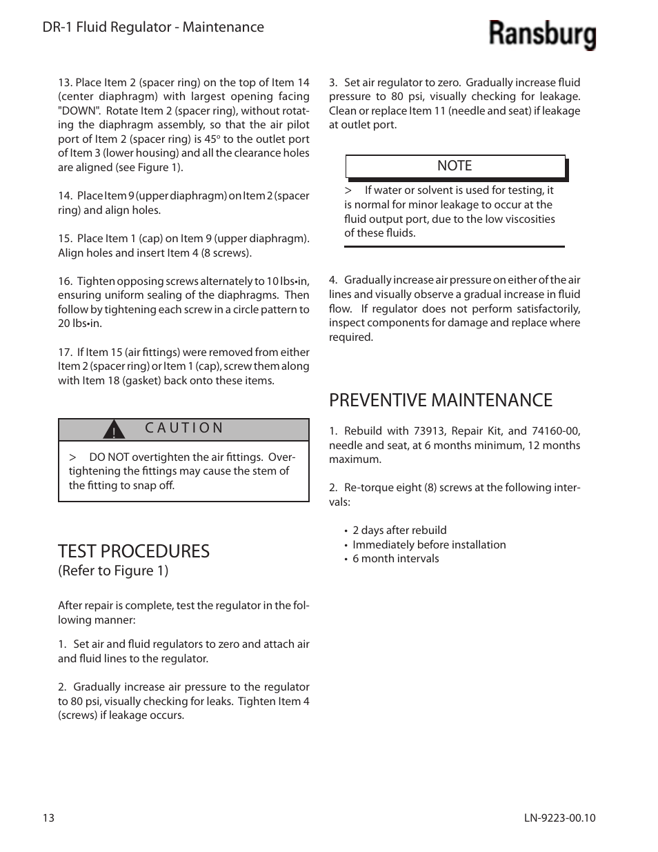 Test procedures, Preventive maintenance | Ransburg DR-1 Fluid Regulator 74151 User Manual | Page 16 / 26