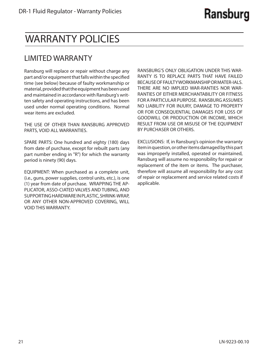 Warranty policies, Limited warranty | Ransburg DR-1 Fluid Regulator 74151 User Manual | Page 24 / 26