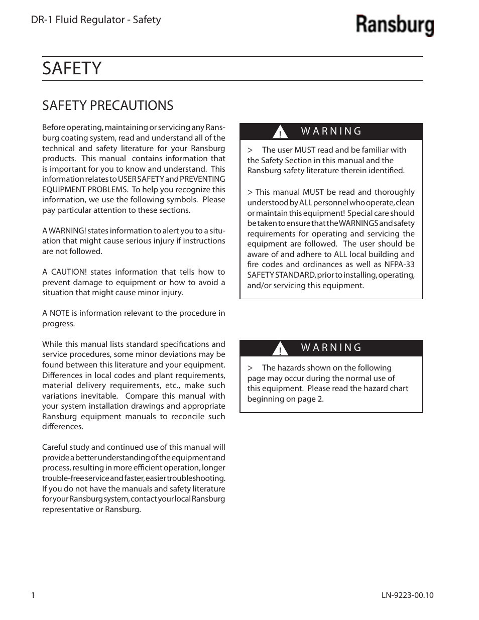 Safety, Safety precautions | Ransburg DR-1 Fluid Regulator 74151 User Manual | Page 4 / 26