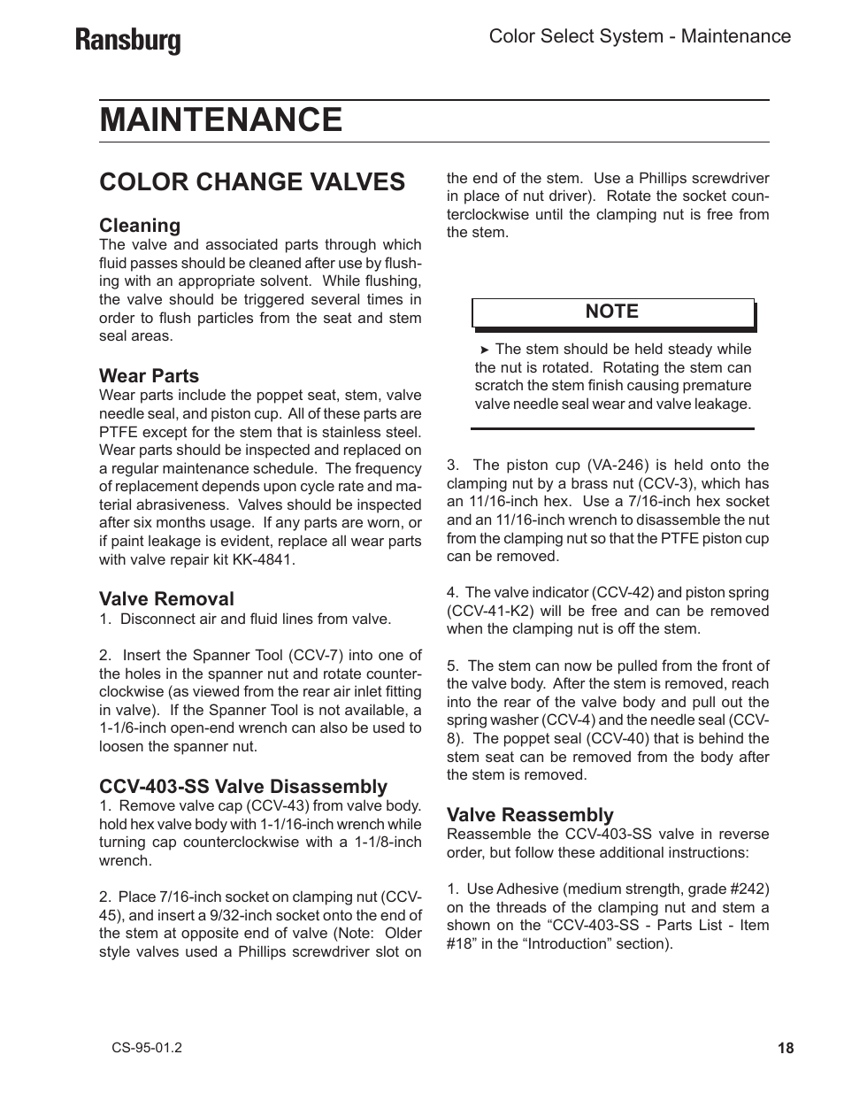 Maintenance, Ransburg, Color change valves | Ransburg Color Select System CCV-6100 User Manual | Page 20 / 25